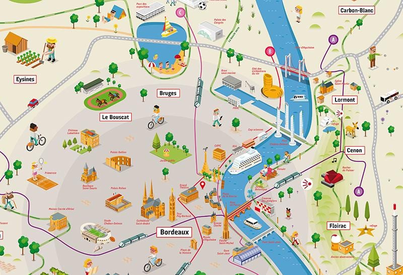 Bordeaux at nakapaligid na mga lugar sa mapa